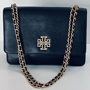 Tory Burch Britten Medium Black Leather Flap Chain Bag